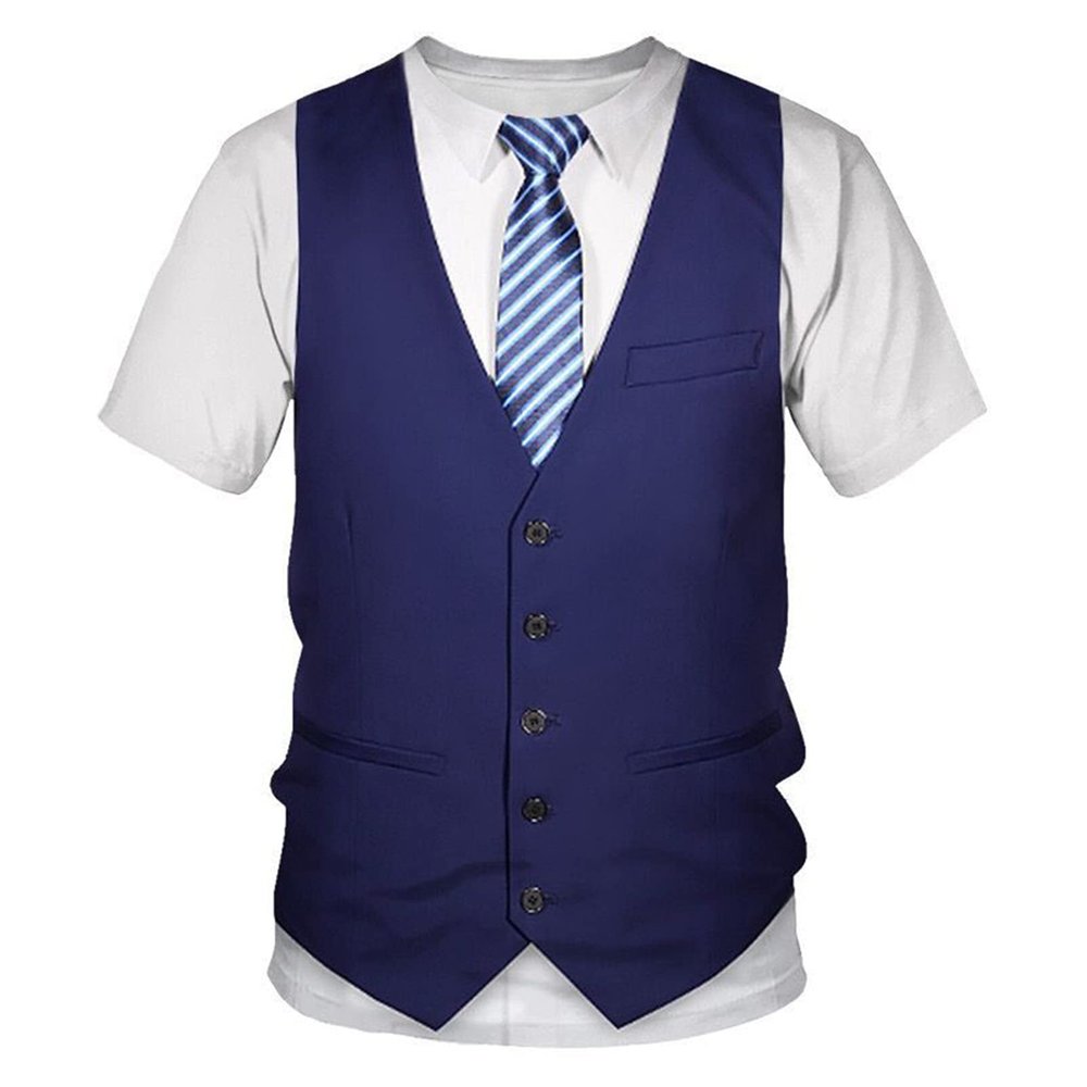 YOOJIA Mens Short Sleeve Funny Shirt Casual Formal Party Fake Suit Printed Tuxedo T Shirt Blue Large