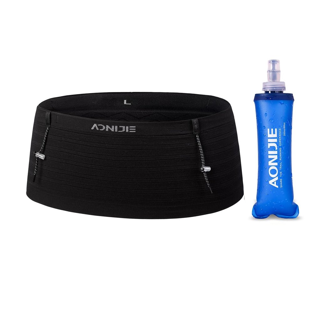 AONIJIE Running Belt with 250ml Soft Flask for Women and Men Lightweight & Non-slip Black Fanny Pack Fits All Size Phones Passport and More (Black with 250ml Soft Flask, XL)