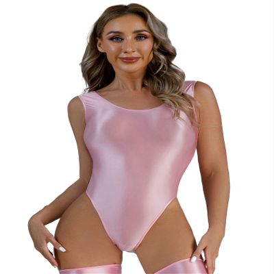 YiZYiF Women's 70D Oil Glossy Shiny Swimsuit High Cut Thong Blackless Dance Leotard Bodysuits Pink X-Large