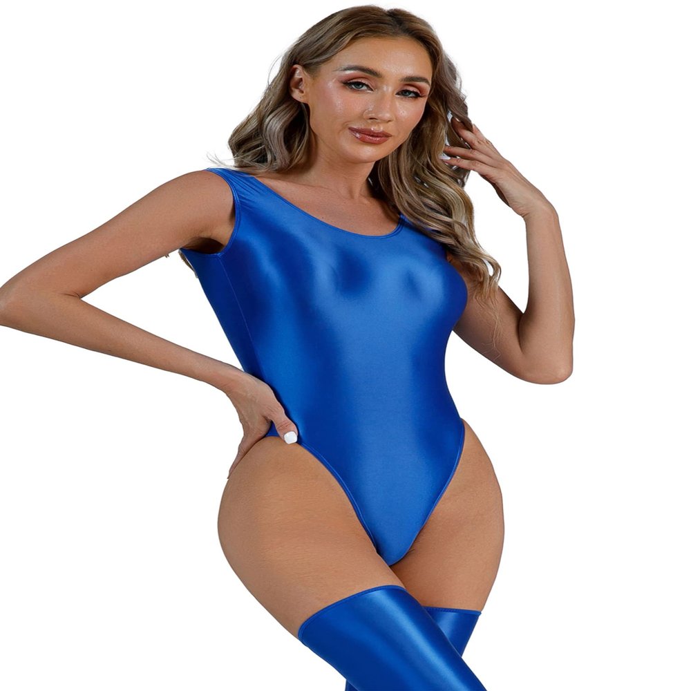 YiZYiF Women's 70D Oil Glossy Shiny Swimsuit High Cut Thong Blackless Dance Leotard Bodysuits Blue X-Large