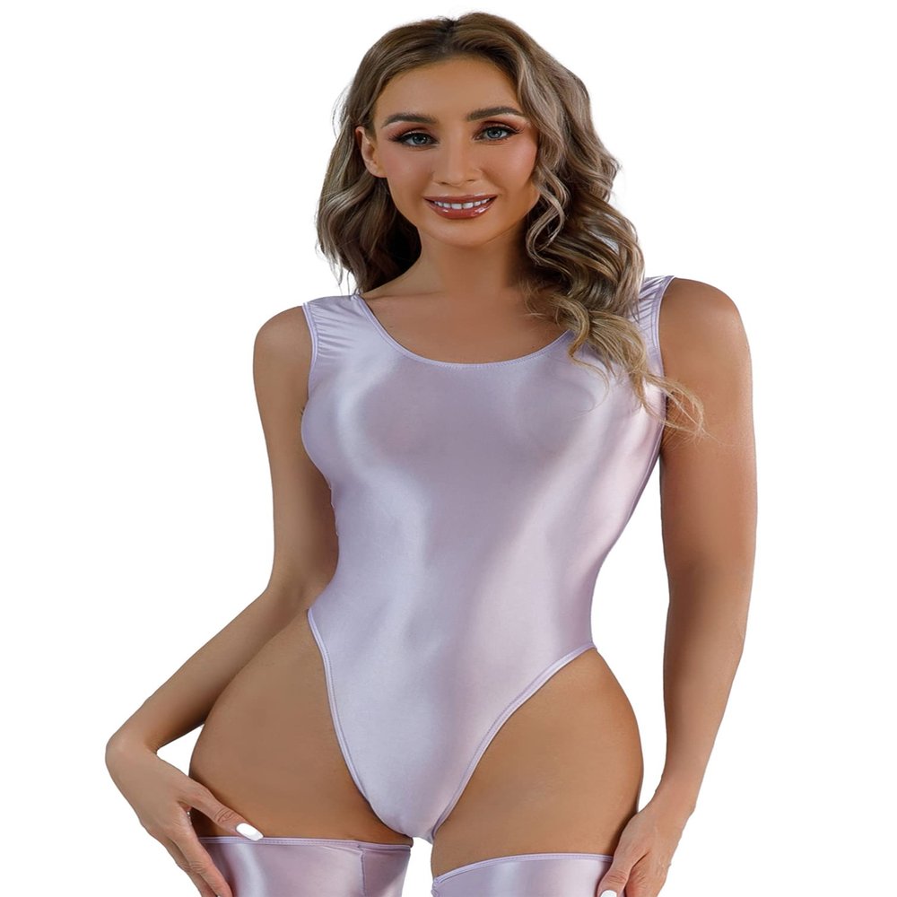 YiZYiF Women's 70D Oil Glossy Shiny Swimsuit High Cut Thong Blackless Dance Leotard Bodysuits Light Purple Medium