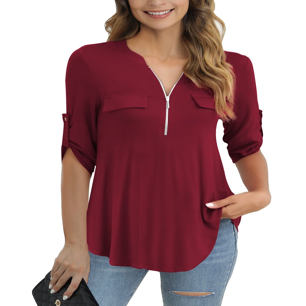 a.Jesdani Women's Plus Size Tops Zip Front V-Neck 3/4 Sleeve Tunic Casual Top Wine Red 4X