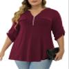 a.Jesdani Women's Plus Size Tops Zip Front V-Neck 3/4 Sleeve Tunic Casual Top Wine Red 4X view 2