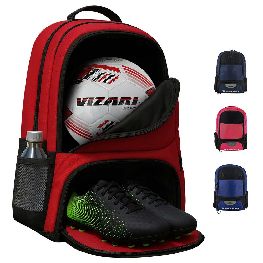 Vizari Soccer Backpack Soccer Bag | Water resistant Durable Equipment Bag for Football, Basketball, Volleyball | Cleats and Ball Compartment - Red,Blue,Pink,Black