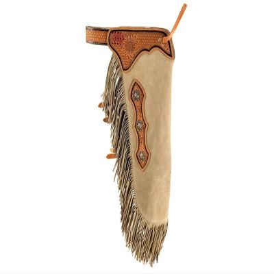 Daarkgreen Custom Made Sunflower Western Fringe Chinks Sand Color Suede Chinks Floral Tooling Chaps Sizes: X Small, Small, Medium, Large, X Large, XX Large