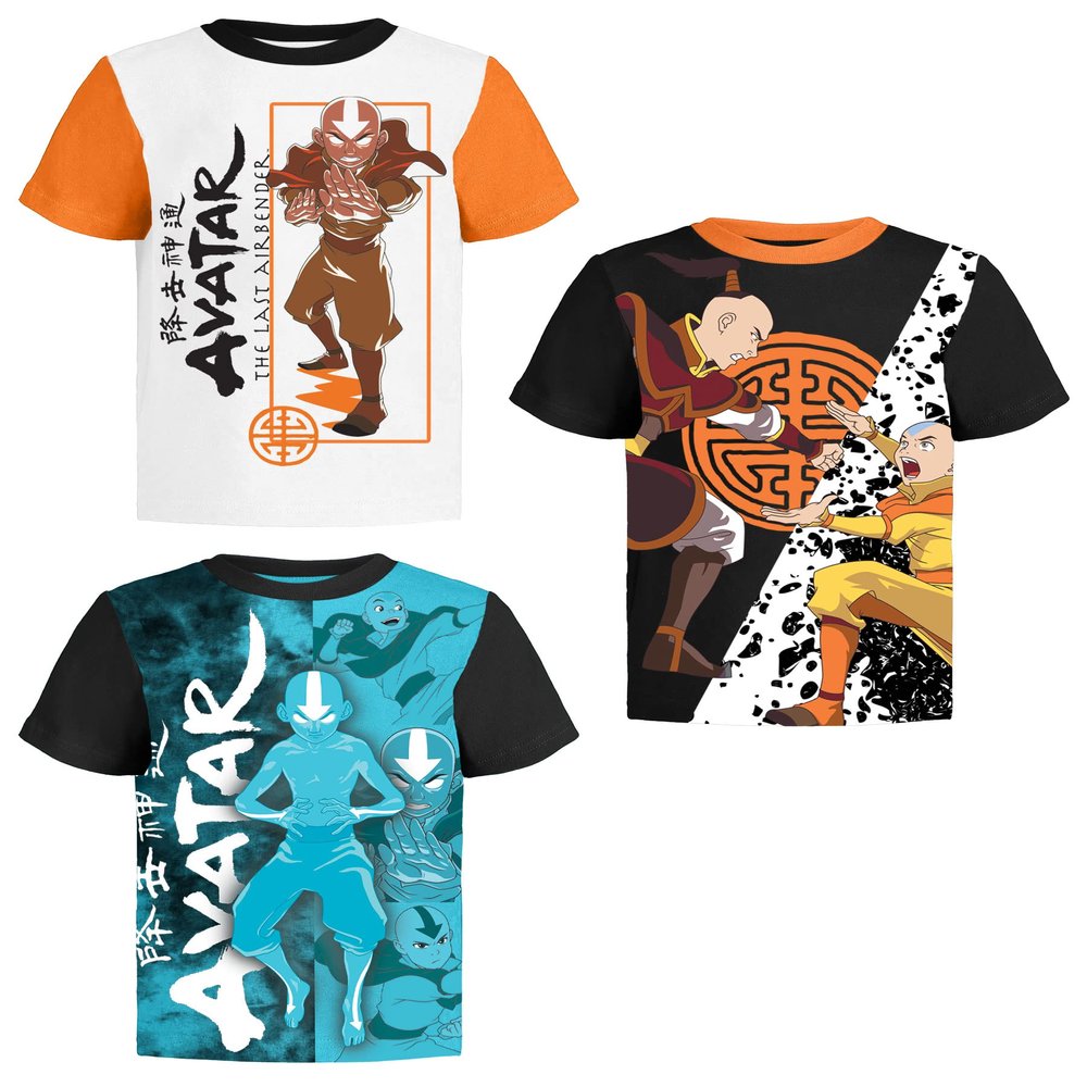 Avatar The Last Airbender Graphic T-Shirts 3 Pack for Boys 8 Wh/Bk/Tq SS