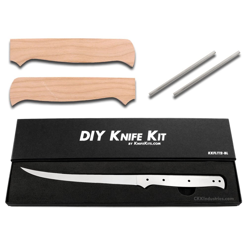 EZSMITH Knife Making Kit - Fisherman's Filet - DIY Fixed Blade - (Blade Blank & Pinstock w/Cherry Handle Scales) - (Gift Boxed) - (USA Design) - (by KnifeKits)