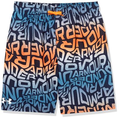 Under Armour Boys' Volley Swim Trunks with UPF 50+ Sun Protection, Quick Dry Bathing Suit Shorts, Midnight Navy Warp, 4