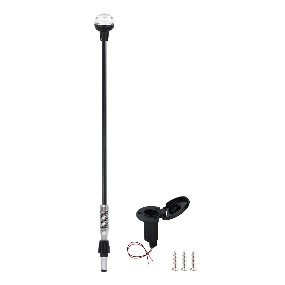 Besramtic Boat Stern Light Anchor Light LED Marine Navigation Lights Spring Flexible Pole All Round White USCG 2 NM Removable 2 Pin Plug In with Threaded Base 12 Volts 36 Inches (Glass Fiber Pole)