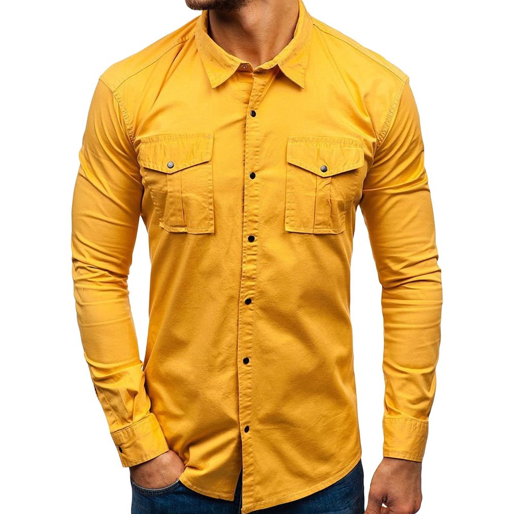 Men's Long Sleeve Hiking Shirts Lightweight Tactical Button Down Cargo Shirt Plain Slim Fit Shirt with Pockets (Yellow,3X-Large)