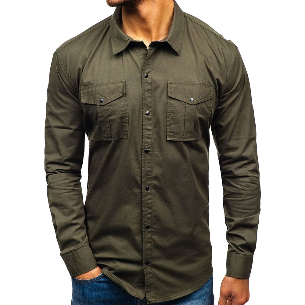 Men's Long Sleeve Hiking Shirts Lightweight Tactical Button Down Cargo Shirt Plain Slim Fit Shirt with Pockets (Armygreen,X-Large)