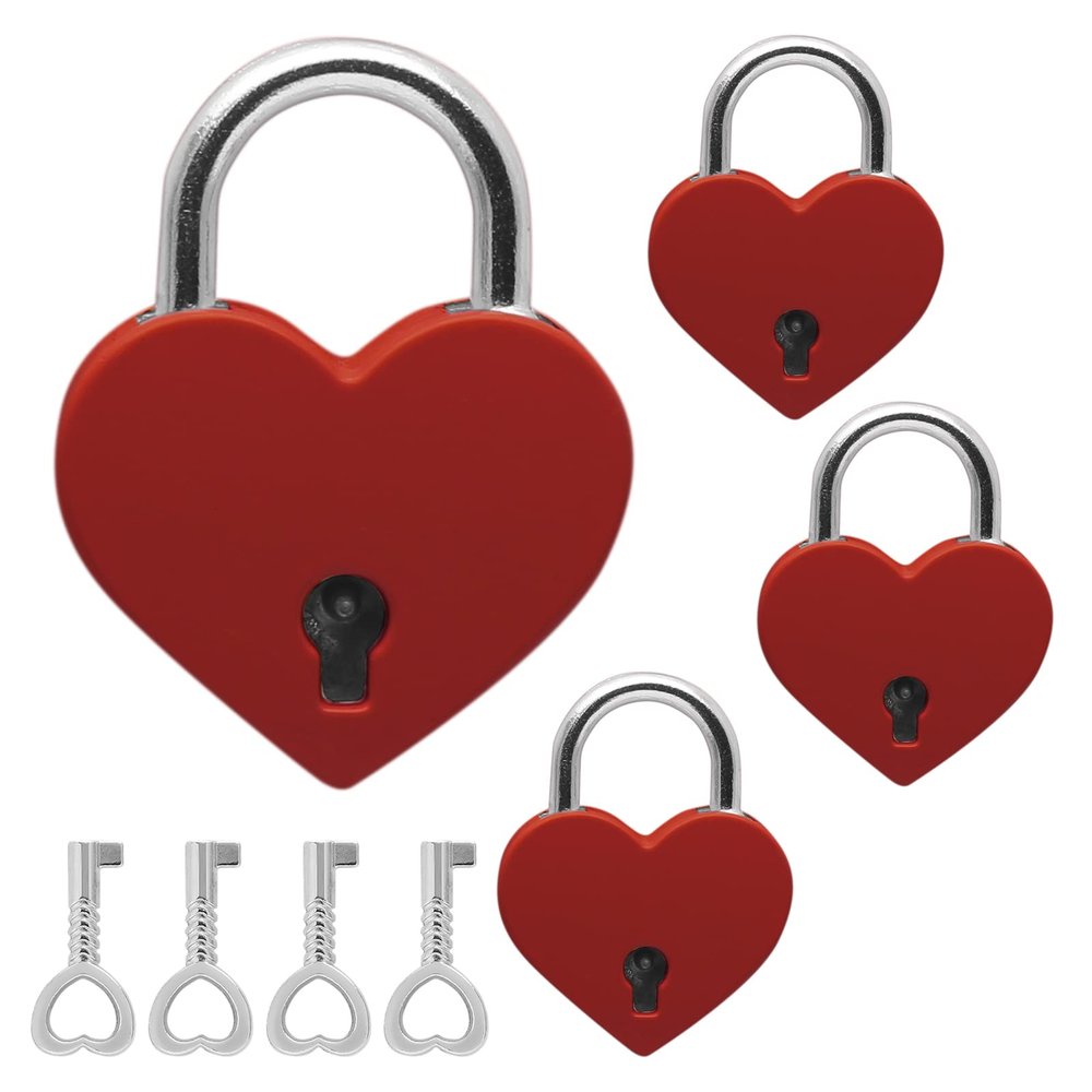Jiozermi 4 Pcs Red Padlocks Key Lock with Key, Mini Love Heart Head Luggage Locks, Modern Fashion Style