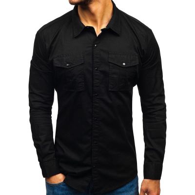 Men's Long Sleeve Hiking Shirts Lightweight Tactical Button Down Cargo Shirt Plain Slim Fit Shirt with Pockets (Black,XX-Large)