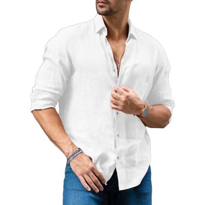 Maiyifu-GJ Mens Long Sleeve Solid Color T-Shirts Casual Cotton Buttons Down Beach Shirts Plain Roll-Up Sleeve Summer Blouses (White,Medium)