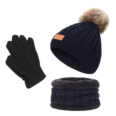 Kids Knitted Beanie Hat Scarf Gloves Set Winter Accessories Sets with Pom Pom and Fleece Lining for Boys Girls Aged 1-10 One Size