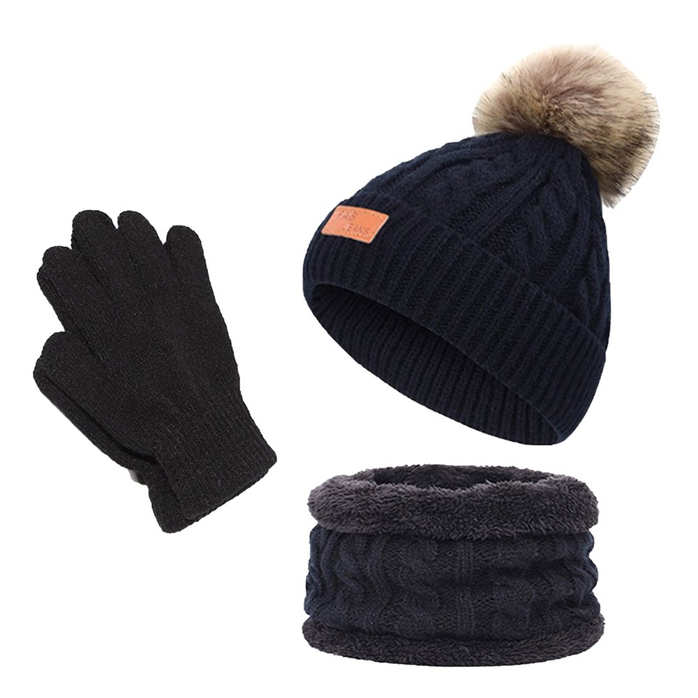 Kids Knitted Beanie Hat Scarf Gloves Set Winter Accessories Sets with Pom Pom and Fleece Lining for Boys Girls Aged 1-10 One Size