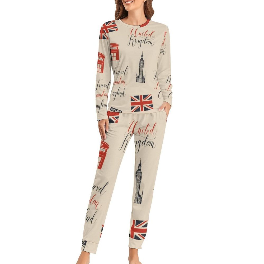 UK and London Theme with Inscriptions Pajamas Sets Soft Nightwear Long Sleeve Sleepwear 2 Piece Pjs Loungewear for Women M