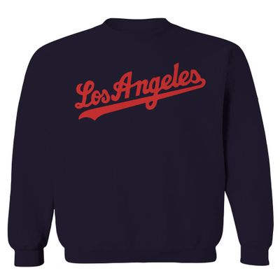 0536. RED Los Angeles California Cali LA Retro Script Fonts Baseball Men's Crewneck Sweatshirt (Navy Small)