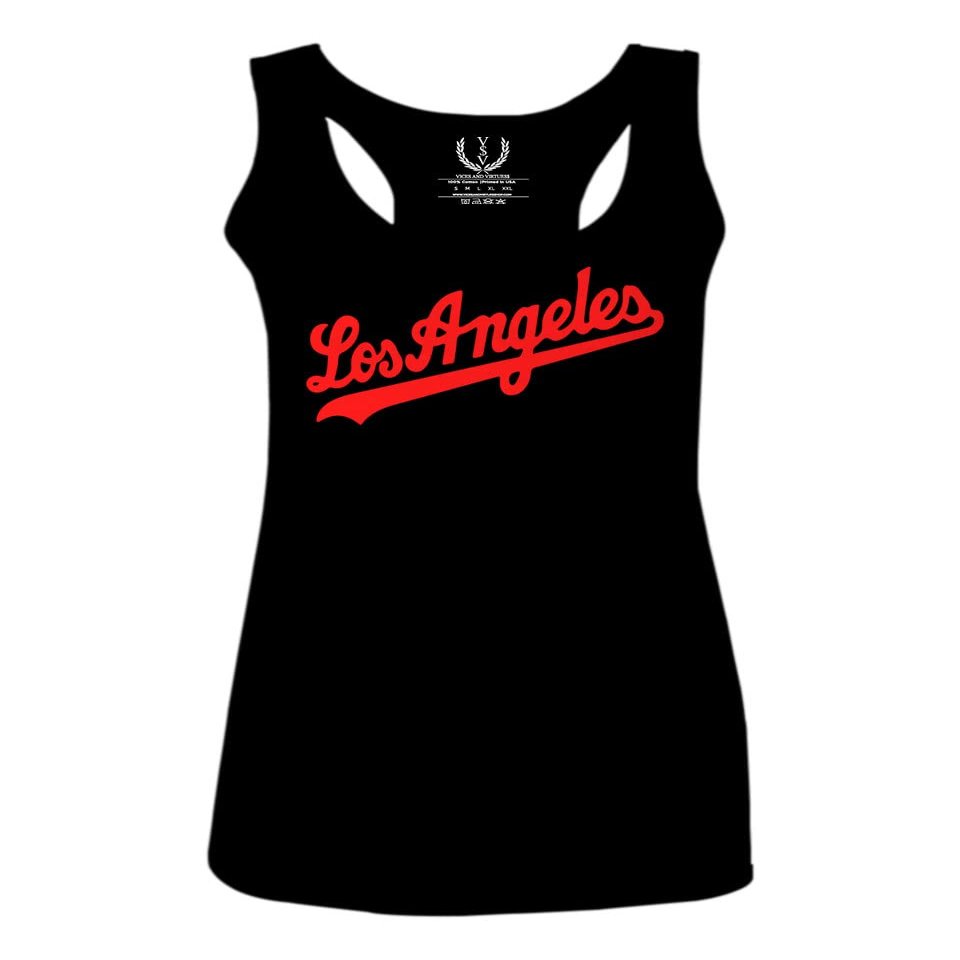 0536. RED Los Angeles California Cali LA Retro Script Fonts Baseball Women's Tank Top Racerback (Black, X Small)