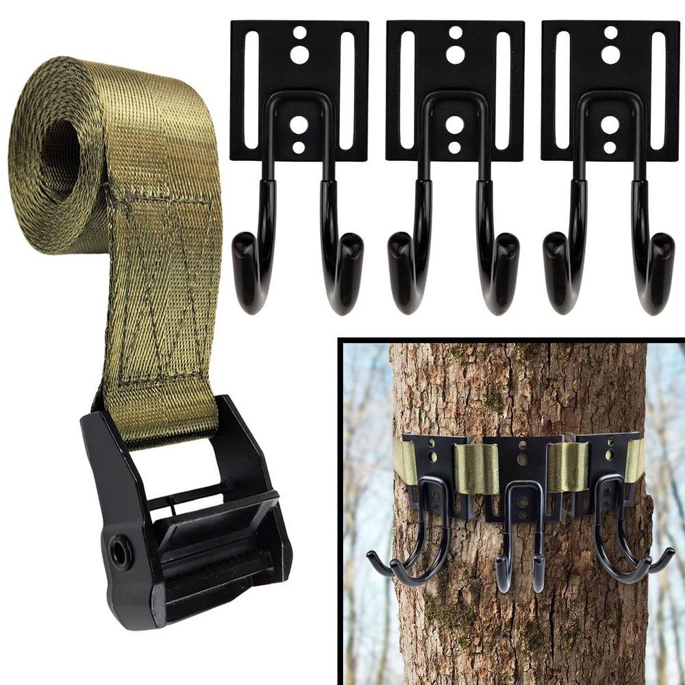 GearHill Tree Stand Gear Hanger, Comes with 3 Strong and Durable Double Tree Hooks for Hunting, with Sturdy Thick Tie Down Straps, with A Self-Locking Metal Cam Buckle,