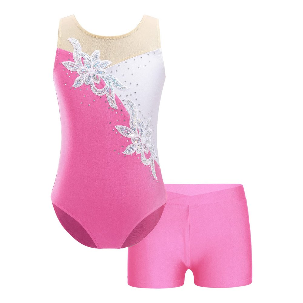 JEATHA Kids Girls 2 Pieces Ballet Dance Outfits Gymnastics Leotard with Metallic Booty Shorts Activewear Sets Pink 14 Years