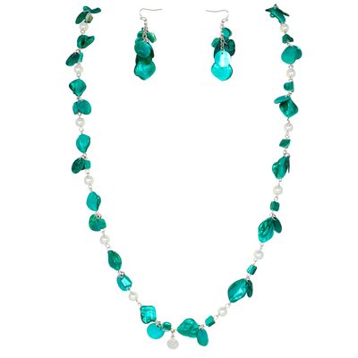 Firstmeet Long Multicolor Shell Beaded Necklace with Earrings Seashell Pendant Cultured Freshwater Pearl Handmade Boho Necklace for Women(XL-1206-Teal)