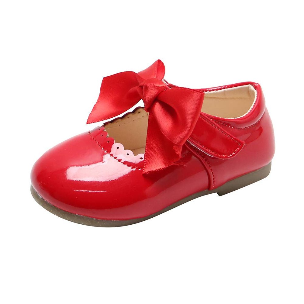 Baby Girls Mary-Jane Flat Shoes Anti-Slip Rubber Sole Infant Toddler Princess Wedding Dress Shoes Leather Shoes (Red, 15-18 Months)