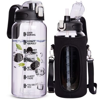 DEARRAY 64 oz Motivational Glass Water Bottle with Straw & Time Marker Half Gallon Large Reusable Water Jug BPA-free Borosilicate Drinking Bottle with Flip Top & Sleeve for Infused Water Wide Mouth
