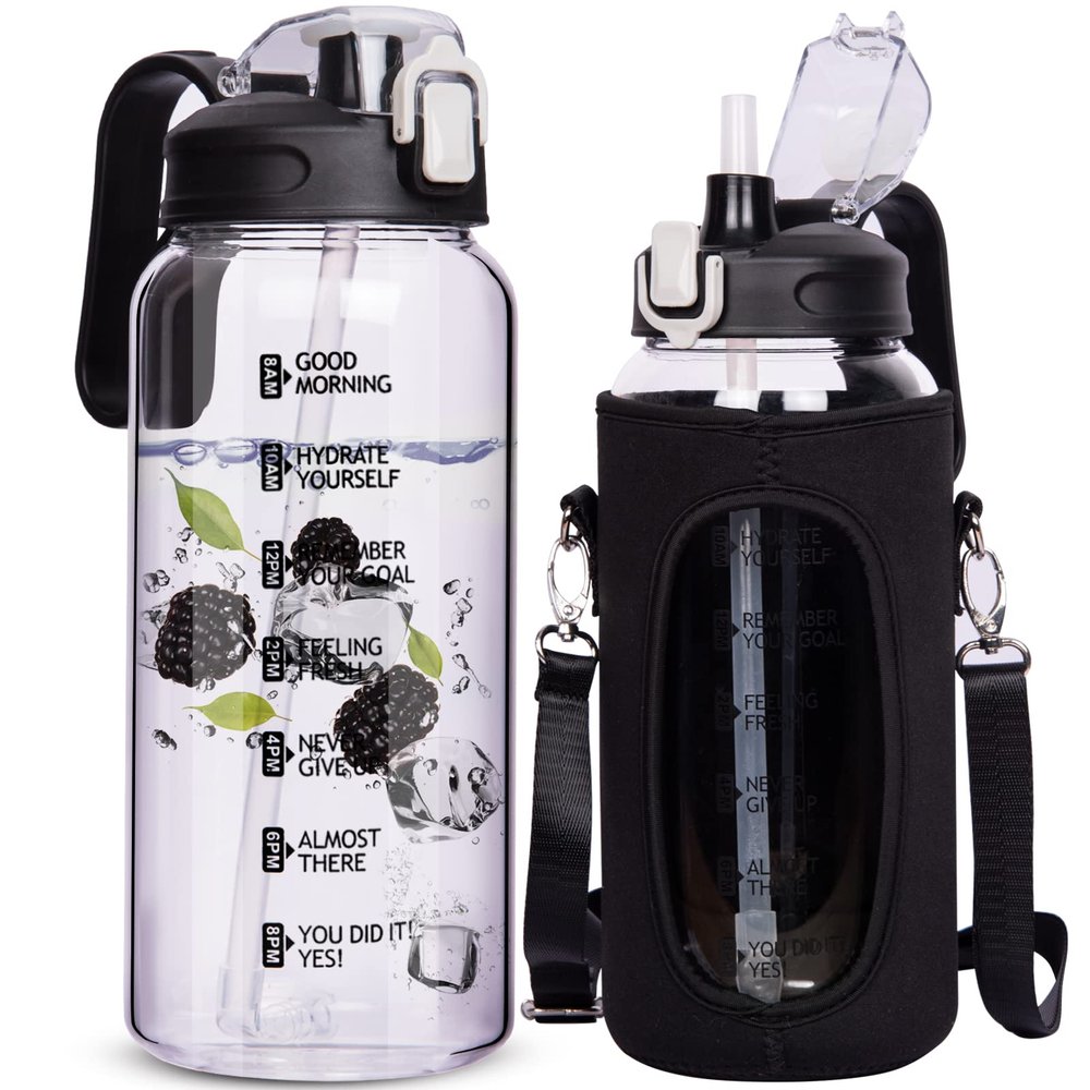DEARRAY 64 oz Motivational Glass Water Bottle with Straw & Time Marker Half Gallon Large Reusable Water Jug BPA-free Borosilicate Drinking Bottle with Flip Top & Sleeve for Infused Water Wide Mouth