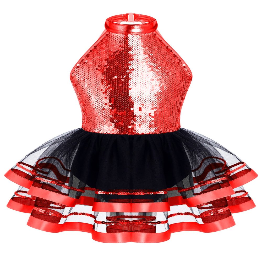 JEATHA Kids Girls Shiny Sequins Dance Dress Figure Skating Sleeveless Halter Tutu Leotard Dress Dancewear Red 8 Years
