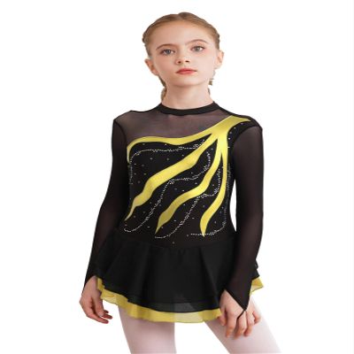 JEATHA Girls Figure Ice Skating Dress Rhinestone Sequin Splice Mesh Tutu Skirted Leotard Ballet Dance Costume Yellow-A01 10 Years