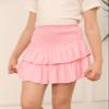 Newffr Girls Smocked Ruffle Mini Skirts Cute High Elastic Waisted Tiered Short Skirt with Shorts Underneath Pink view 3