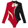 Yeahdor Women Sequin Rhinestones Gymnastics Ballet Dance Leotard Long Sleeve Bodysuit Tops Skating Dancewear Black&Red Large view 3