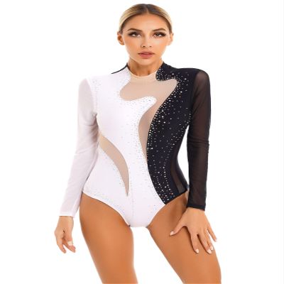 Yeahdor Women Sequin Rhinestones Gymnastics Ballet Dance Leotard Long Sleeve Bodysuit Tops Skating Dancewear Black&White Small