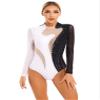 Yeahdor Women Sequin Rhinestones Gymnastics Ballet Dance Leotard Long Sleeve Bodysuit Tops Skating Dancewear Black&White Small view 1