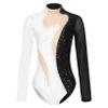 Yeahdor Women Sequin Rhinestones Gymnastics Ballet Dance Leotard Long Sleeve Bodysuit Tops Skating Dancewear Black&White Large view 3