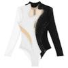 Yeahdor Women Sequin Rhinestones Gymnastics Ballet Dance Leotard Long Sleeve Bodysuit Tops Skating Dancewear Black&White Large view 4