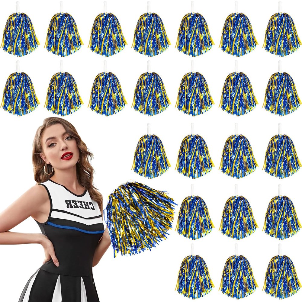 DILIBRA 24 Pcs Metallic Cheerleading Pom Poms, Cheerleaders Cheer Pom Poms with Baton Handle, Cheering Squad Hand Flower for Adults Kids Team Spirit Sports Game Dancing Party
