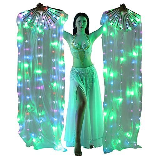 MISI CHAO LED Fan Veil - Belly Dance 1.8 Long Bamboo Fans Veil Hand Made Silk Fan for Dance/Outdoor 1 Pair(Multicolor)