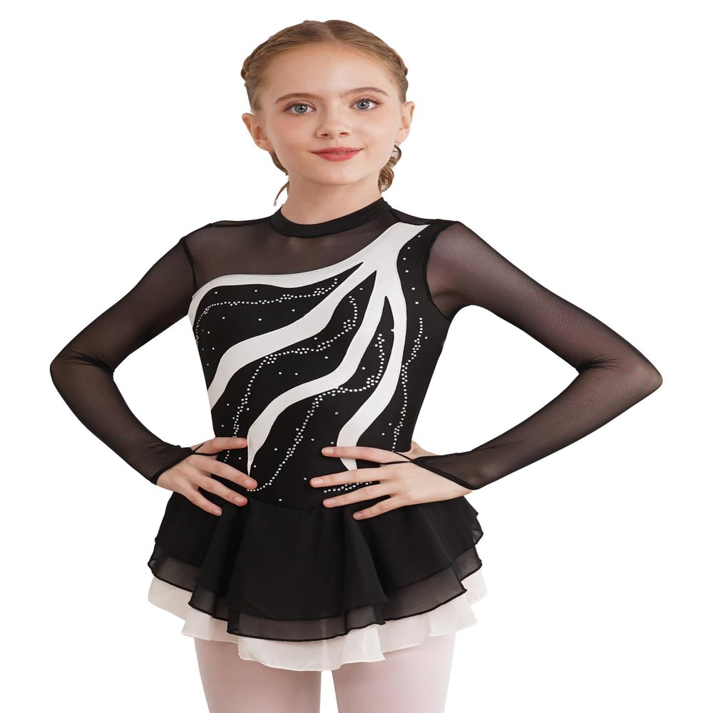 Oyolan Kids Girls Figure Ice Skating Dress Mesh Splice Long Sleeve Rhinestone Ballet Dance Skating Competition Costume White 6 Years
