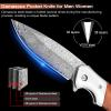 KOMWERO Damascus Pocket Knife, Sharp Damascus Steel Knife with Core VG10 Steel Blade Wood Handle, Folding Knife with Clip for Men Hunting, 60 HRC view 2