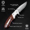 KOMWERO Damascus Pocket Knife, Sharp Damascus Steel Knife with Core VG10 Steel Blade Wood Handle, Folding Knife with Clip for Men Hunting, 60 HRC view 3
