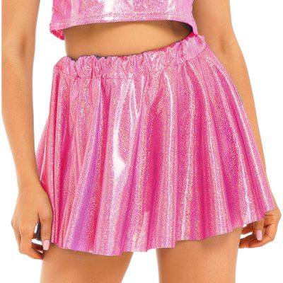 Jugaoge Women's Shiny Metallic Stretchy Flared Mini Skater Skirt Ruched Micro Rave Skirt Hot Pink Medium
