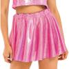 Jugaoge Women's Shiny Metallic Stretchy Flared Mini Skater Skirt Ruched Micro Rave Skirt Hot Pink Medium view 1