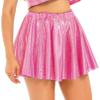 Jugaoge Women's Shiny Metallic Stretchy Flared Mini Skater Skirt Ruched Micro Rave Skirt Hot Pink Medium view 3