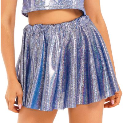 Jugaoge Women's Shiny Metallic Stretchy Flared Mini Skater Skirt Ruched Micro Rave Skirt Blue Medium