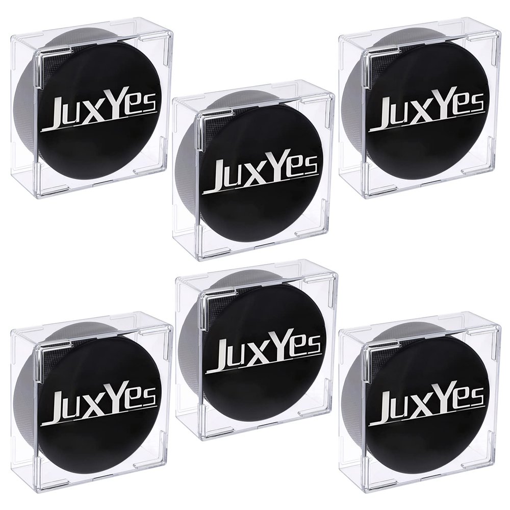 JUXYES Pack of 6 Plastic Clear Hockey Puck Display Case, Stackable Hockey Puck Holder Display Case Square Cube Transparent Hockey Puck Free Standing Display Cases
