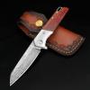 KOMWERO Damascus Pocket Knife with Clip Leather Sheath, 3.14 inch Sharp Damascus Steel Knife with Rosewood Handle, EDC Damascus Folding Knife for Men Women Camping Collection view 1