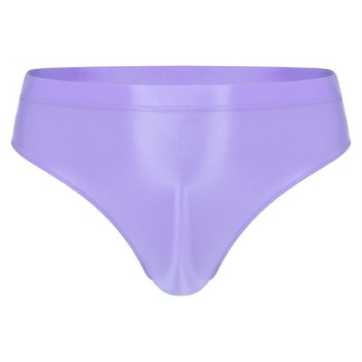 Hedmy Men's Sexy 8D Oil Shiny Glossy Briefs Underwear High Cut Thong Swim Trunks Sports Panties High Cut Light Purple Large