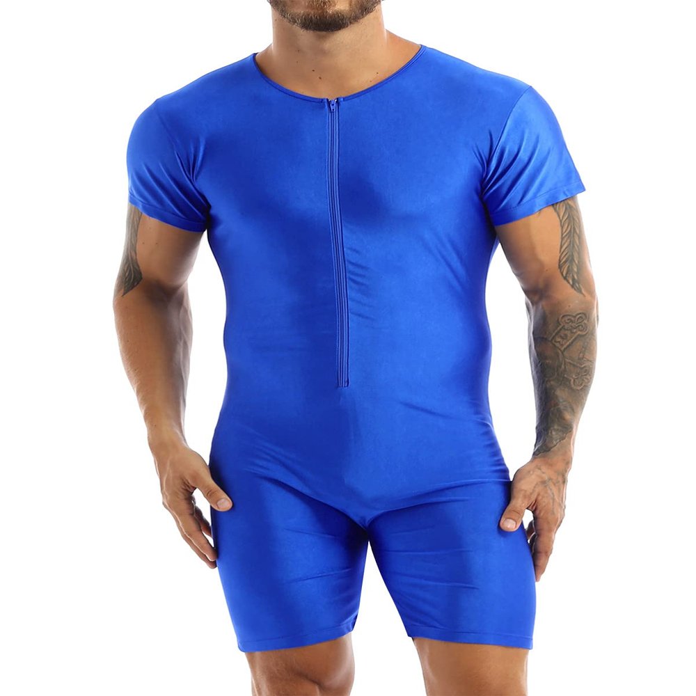 JEEYJOO Men's One-Piece Short Sleeve Workout Bodysuit Zipper Front Leotard Wrestling Singlet Unitard Blue Large